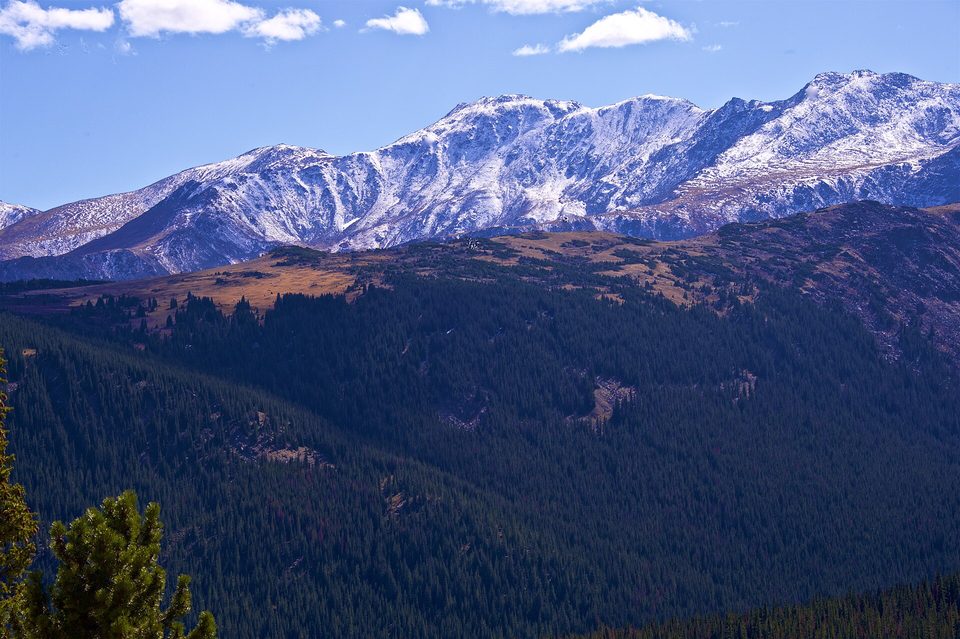 Snow-capped peaks and forested ridges seen from Hagerman Pass