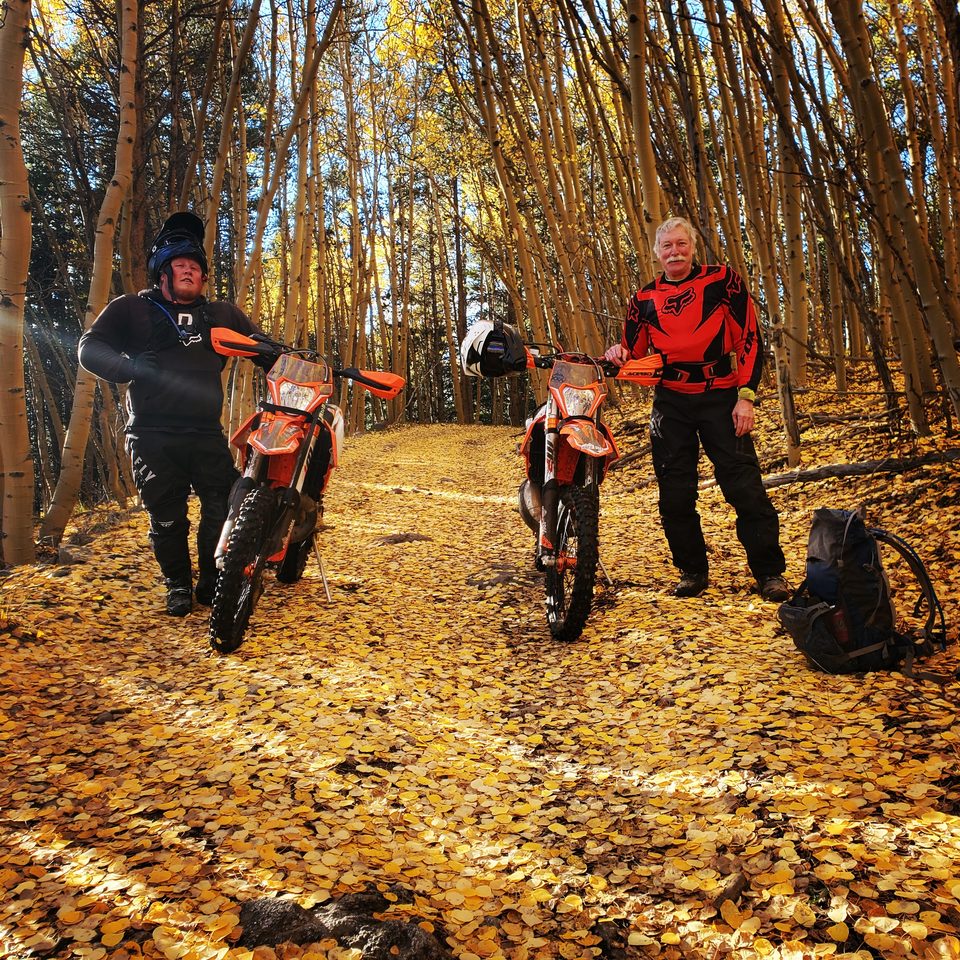 Two guides standing beside orange KTM dirt bikes on a trail carpeted with yellow aspen leaves